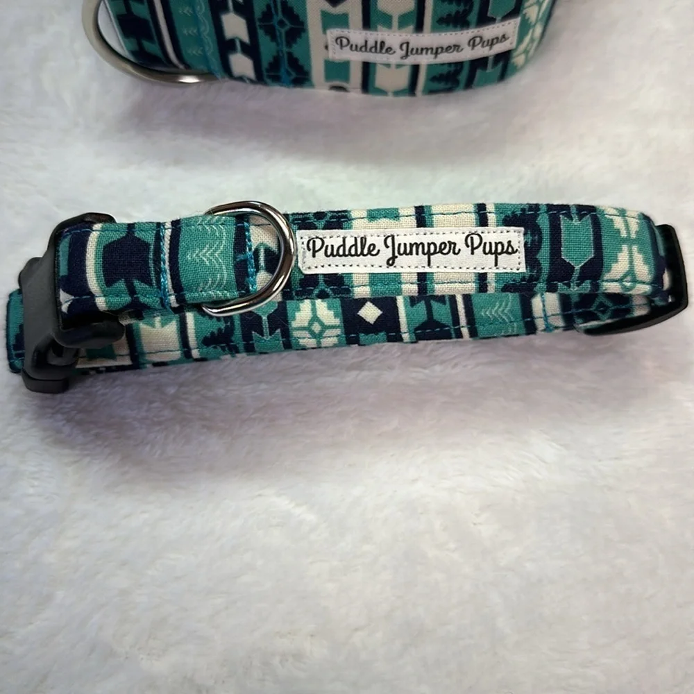 Puddle Jumper Pups Aztec Teal Green Print Collar Large Dog NWOT